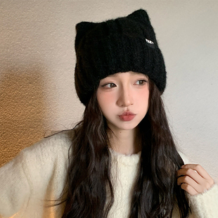 猫耳朵针织帽子女款冬季2025新款日系可爱毛线帽休闲百搭保暖冷帽