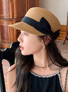 2026新款蝴蝶结草编鸭舌帽子女显脸小夏季草帽出游防晒遮阳马术帽