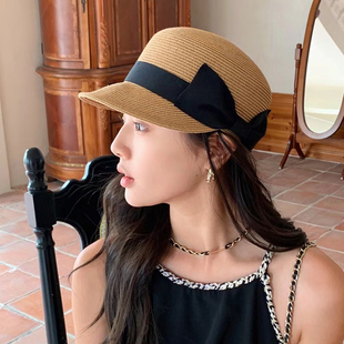 2026新款蝴蝶结草编鸭舌帽子女显脸小夏季草帽出游防晒遮阳马术帽