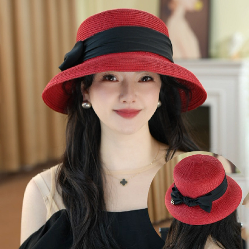 法式赫本风渔夫帽子女士2026新款春夏海边度假草帽蝴蝶结优雅礼帽