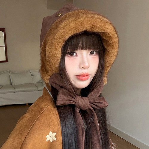 麂皮绒加厚护耳绑带雷锋帽子女冬