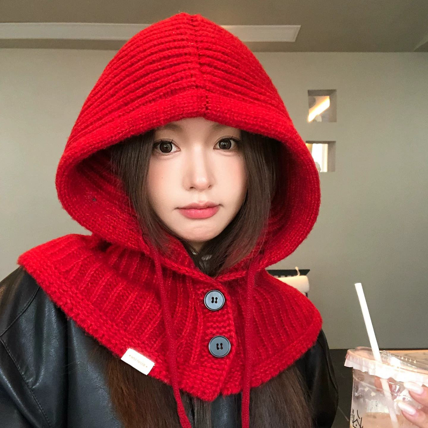 红色巴拉克拉法帽女保暖围巾一体
