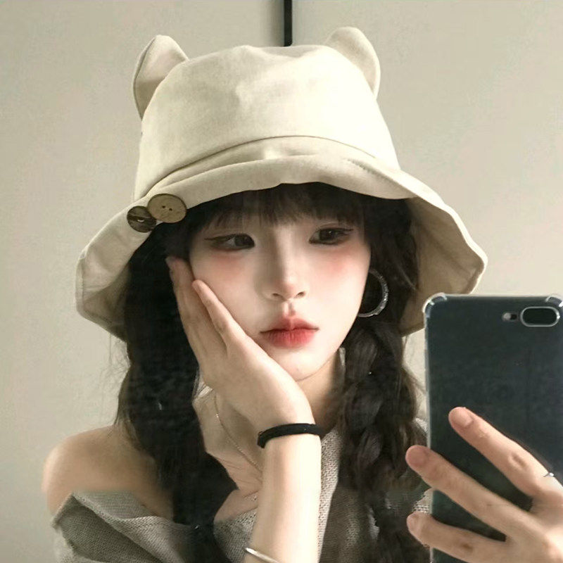 日系猫耳双面夏季防晒渔夫帽女