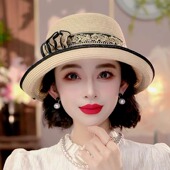 2025新款 花朵遮阳帽子女夏季 海边度假沙滩透气遮脸优雅草帽渔夫帽