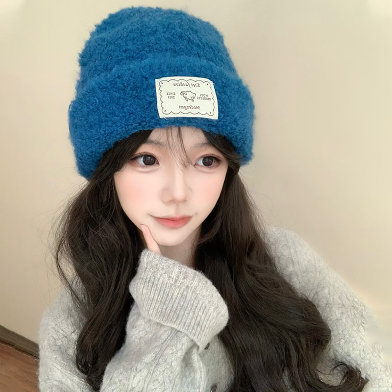 韩系圈圈绒蓝色毛线帽子女冬季显脸小百搭针织帽保暖护耳防寒冷帽