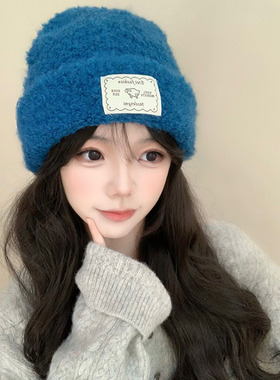 韩系圈圈绒蓝色毛线帽子女冬季显脸小百搭针织帽保暖护耳防寒冷帽