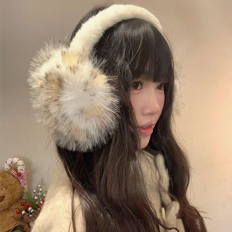 冬季氛围感豹纹保暖毛绒耳捂子女