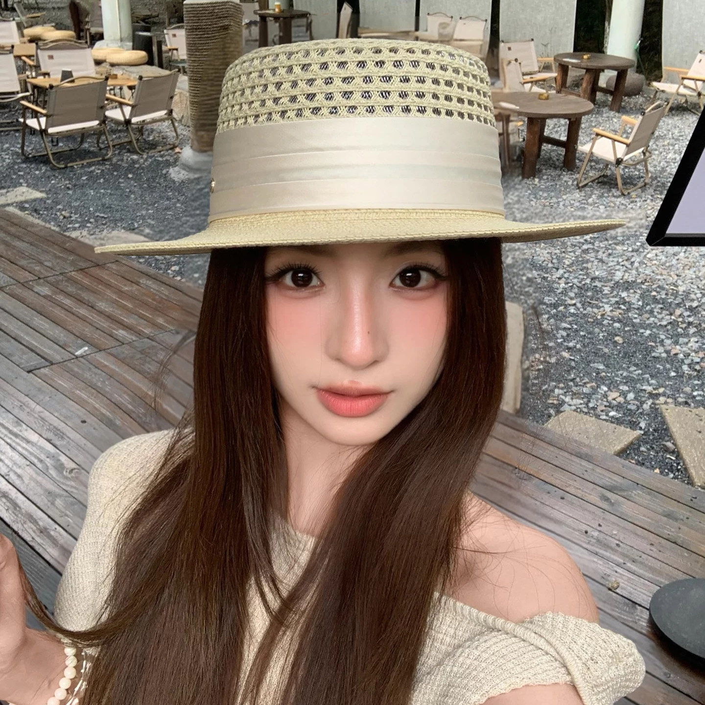 老钱风平顶草帽女夏海边防晒帽防紫外线时尚百搭英伦礼帽平沿帽子