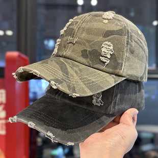 美式复古迷彩破洞棒球帽子女秋季宽檐显脸小百搭鸭舌帽大头围男款