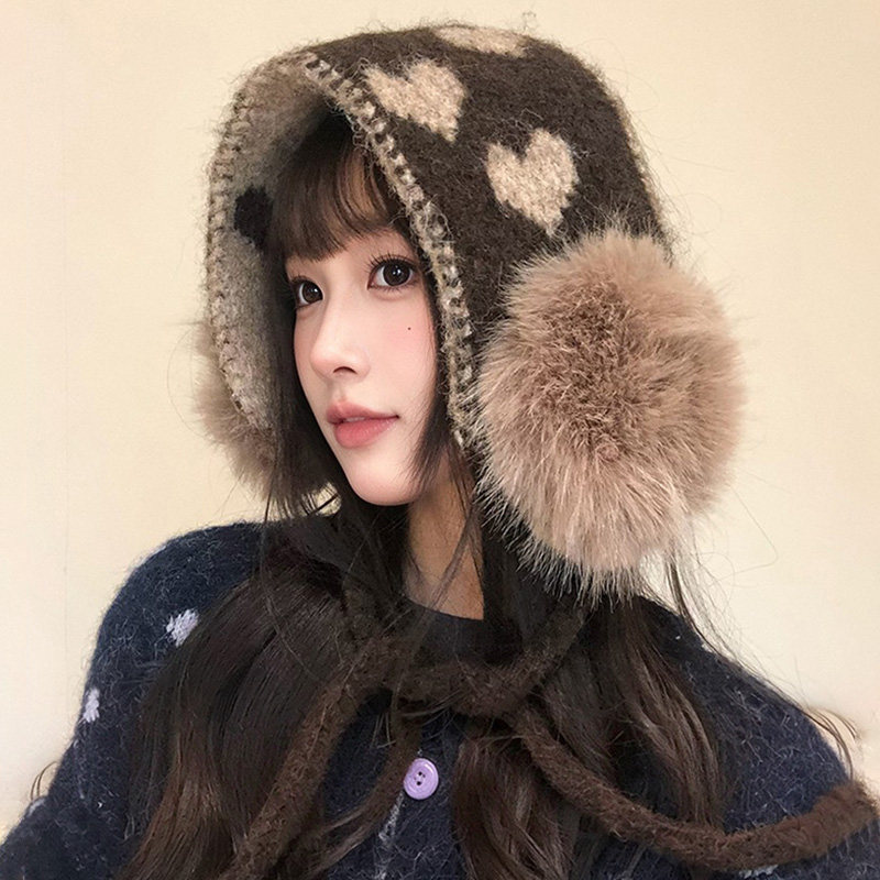 韩系撞色爱心毛绒系带保暖耳罩