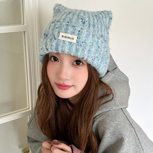 2026新款猫耳朵针织帽子女冬季时尚保暖防寒护耳冷帽显脸小毛线帽