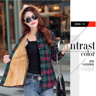 冬装新款女士保暖纯棉格子长袖衬衫百搭修身学生上衣加绒加厚外套