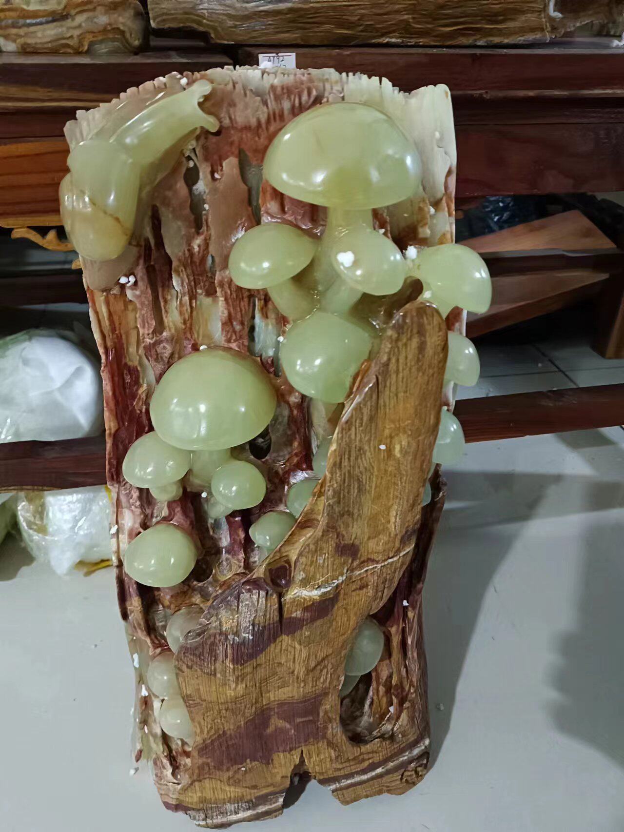 天然玉石蘑菇摆件办公室客厅摆件 枯木逢春树化玉横财树多子多福