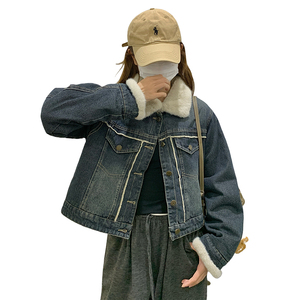 羊羔毛牛仔外套女2025冬季新款韩版设计感小个子加绒加厚短款棉衣图片