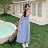 蓝色条纹设计感吊带连衣裙女2025夏新款法式温柔风气质减龄a字裙，女装连衣裙，茜茜公主