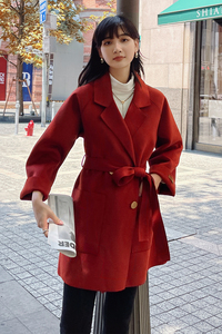 2022冬季新款现货米白双面呢感显瘦腰带外套166-9903P195K328图片