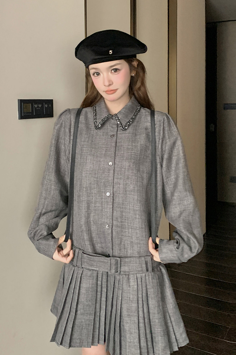 灰色小香风长袖连衣裙女2025春季新款法式高级感时尚小个子百褶裙,女装连衣裙,茜茜公主