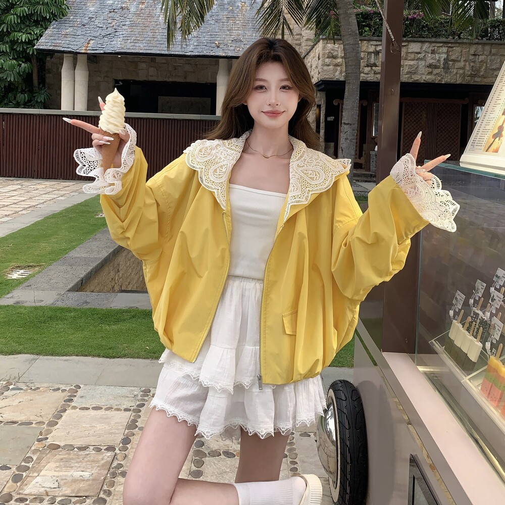 黄色蕾丝拼接连帽防晒衫外套女2025夏季新款洋气炸街小个子上衣潮,女装短外套,茜茜公主