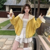 黄色蕾丝拼接连帽防晒衫外套女2025夏季新款洋气炸街小个子上衣潮，女装短外套，茜茜公主