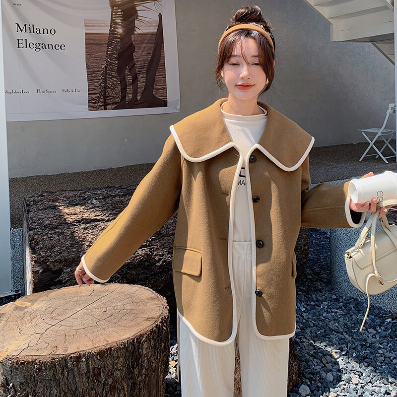 棕色娃娃领短款毛呢外套女2023秋冬新款韩版小个子今年流行呢大衣图片