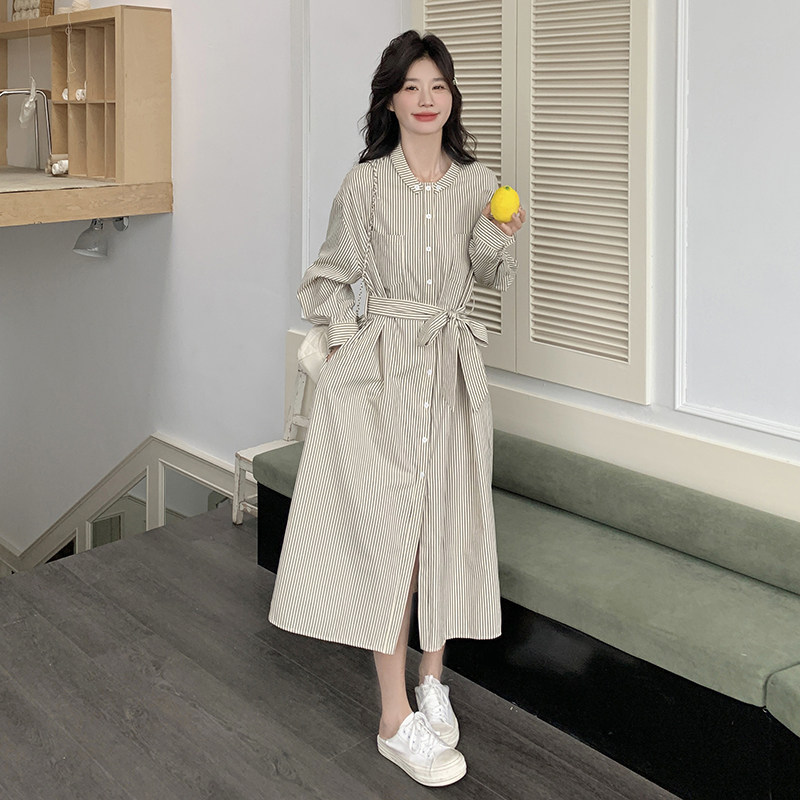 文艺风竖条纹长袖连衣裙女2025春新款韩系休闲宽松收腰显瘦衬衫裙,女装连衣裙,茜茜公主