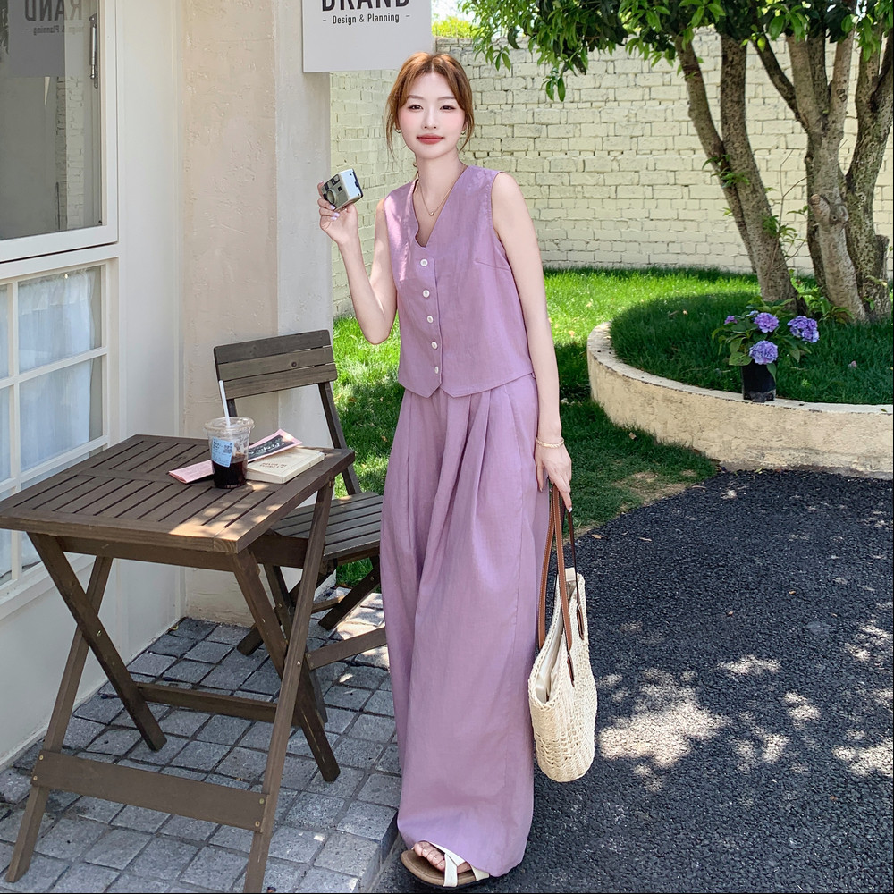紫色韩系高级感套装女2025夏季新款气质V领背心高腰阔腿裤两件套,女装套装/套裙,茜茜公主