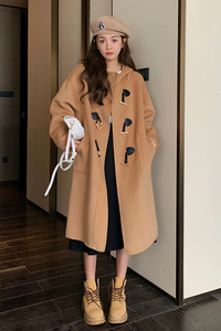 2022冬季新款现货金属牛角扣连帽双面呢外套166-9931P270K418图片