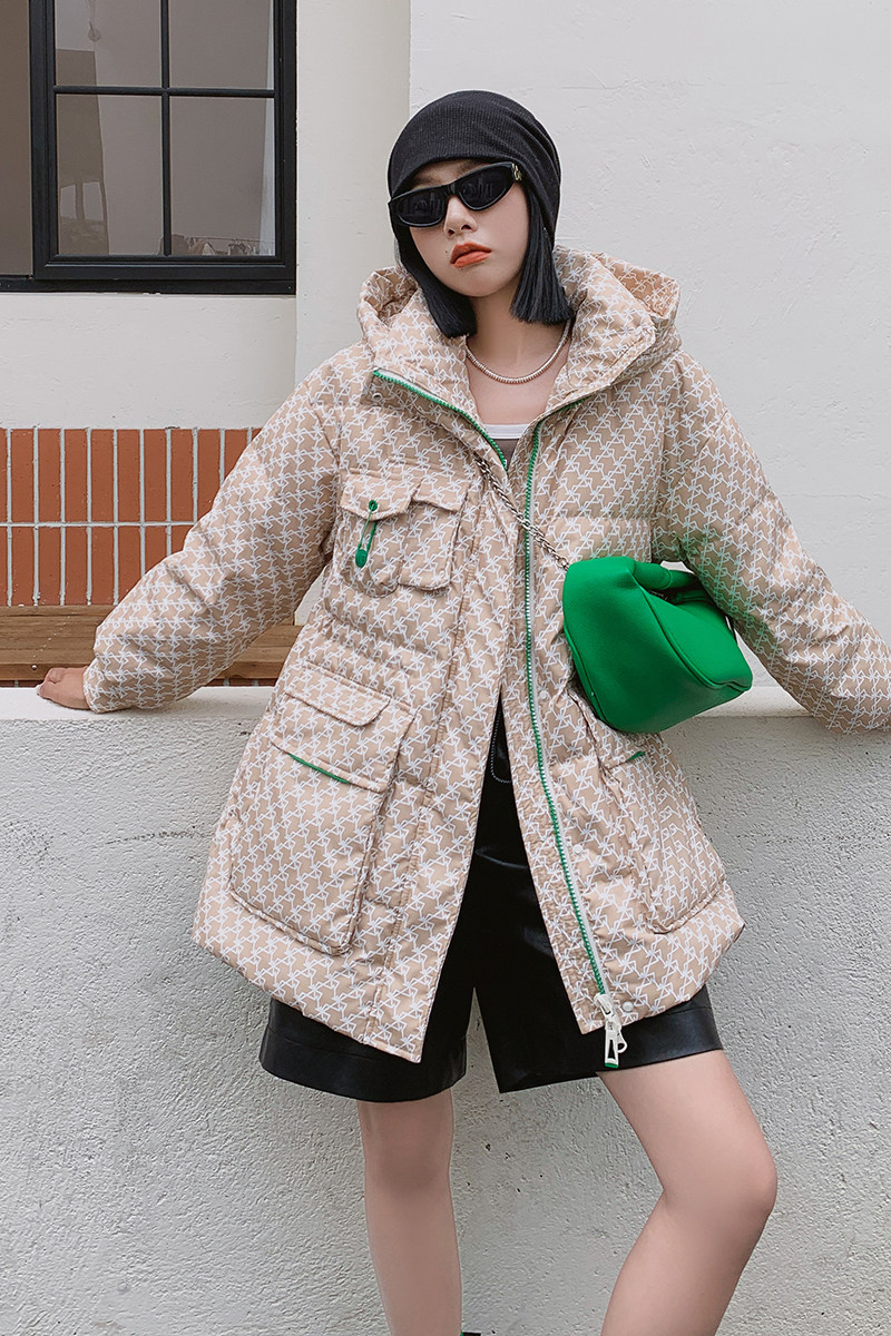 90绒2022冬季新款现货别针千鸟格羽绒服166-9993P320K488卡其色,女装羽绒服,茜茜公主