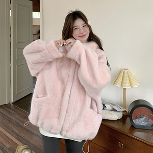 韩版奶fufu粉色加厚兔绒外套女2025冬季新款显瘦保暖连帽棉服棉衣图片