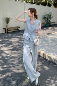 蕾丝拼接浅蓝色短款西装马甲套装女2025夏季韩系新款阔腿裤两件套图片
