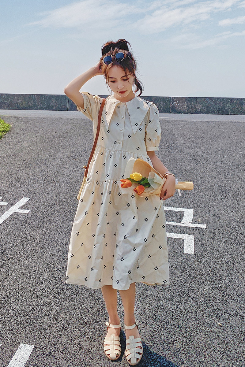小清新甜美黄色泡泡袖碎花连衣裙女春夏2025年新款娃娃裙刺绣长裙,女装连衣裙,茜茜公主