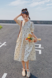 小清新甜美黄色泡泡袖碎花连衣裙女春夏2025年新款娃娃裙刺绣长裙，女装连衣裙，茜茜公主