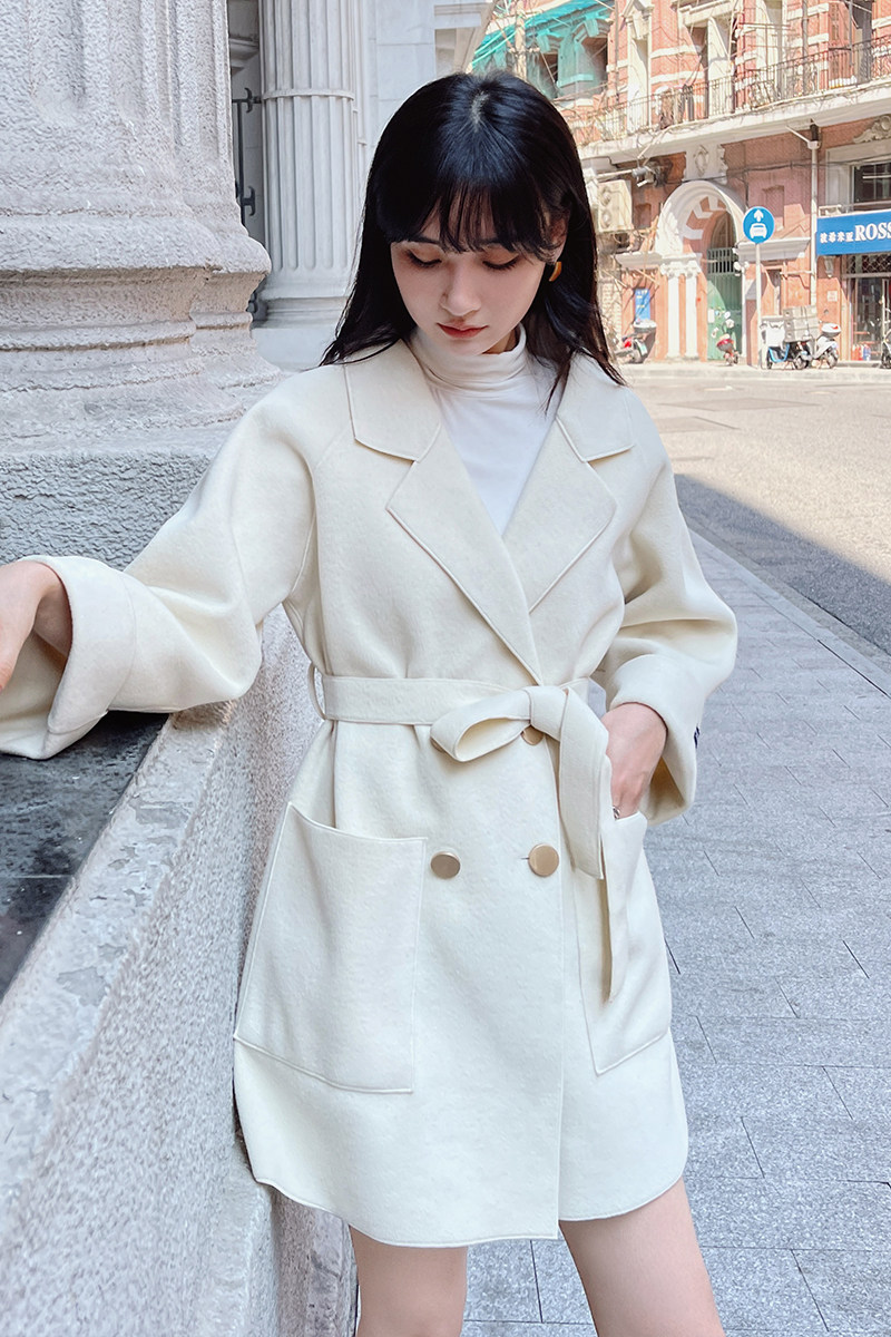 2022冬季新款现货米白双面呢感显瘦腰带外套166-9903P195K328,女装毛呢外套,茜茜公主
