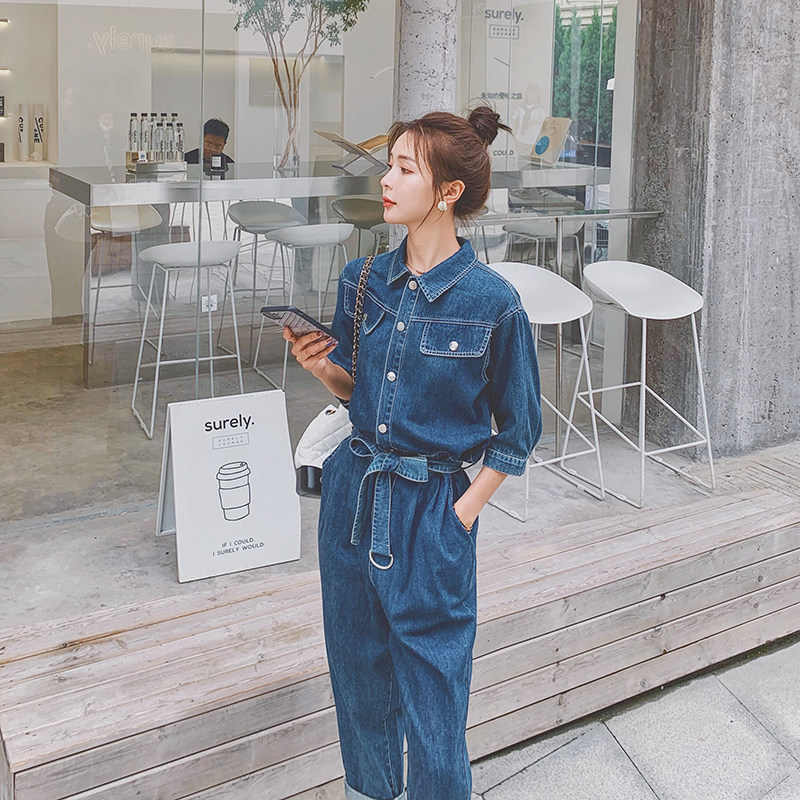 现货！2021新款牛仔宽松韩版显瘦连体裤166-8887P115深蓝，女装牛仔裤，茜茜公主