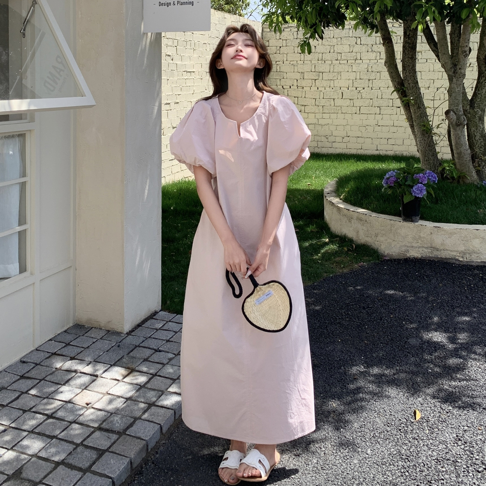 粉色法式浪漫泡泡袖连衣裙女2025夏季新款气质甜美温柔风A字长裙，女装连衣裙，茜茜公主