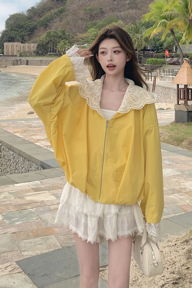 黄色蕾丝拼接连帽防晒衫外套女2025夏季新款洋气炸街小个子上衣潮,女装短外套,茜茜公主