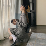 灰色甜美减龄polo领衬衫裙女春秋新款小个子百褶裙温柔长袖连衣裙，女装连衣裙，茜茜公主