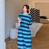 韩系慵懒风休闲条纹t恤连衣裙女夏2025新款宽松显瘦直筒运动长裙，女装连衣裙，茜茜公主