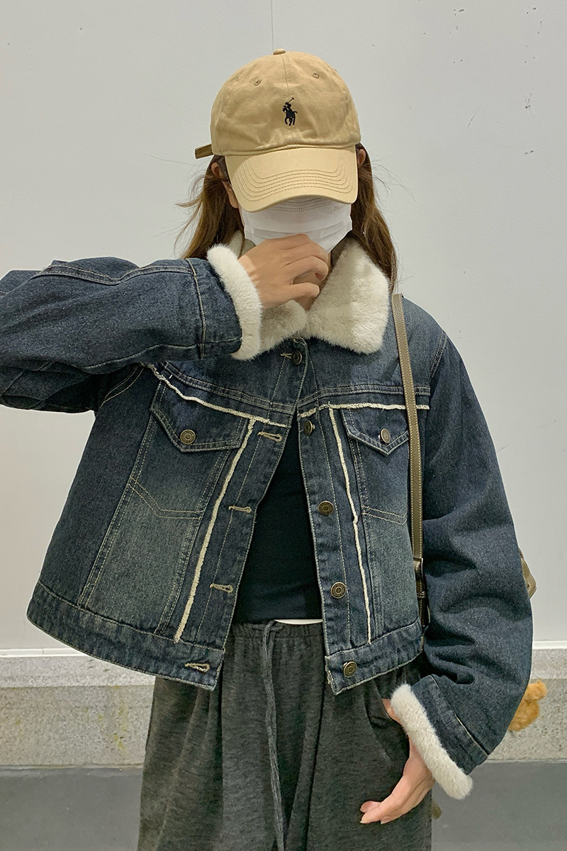 羊羔毛牛仔外套女2025冬季新款韩版设计感小个子加绒加厚短款棉衣,女装棉衣/棉服,茜茜公主