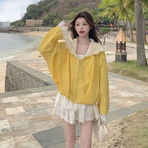 黄色蕾丝拼接连帽防晒衫外套女2025夏季新款洋气炸街小个子上衣潮图片