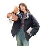 【现货】2024冬季新黑色格纹拼接90绒羽绒服166-7757P375K558，女装羽绒服，茜茜公主