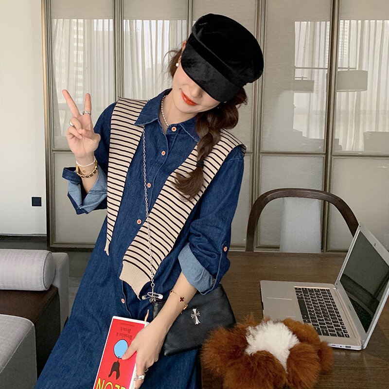 高级感披肩连衣裙女2025春秋季新款小个子休闲牛仔长袖衬衫连身裙,女装连衣裙,茜茜公主