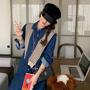 高级感披肩连衣裙女2025春秋季新款小个子休闲牛仔长袖衬衫连身裙图片