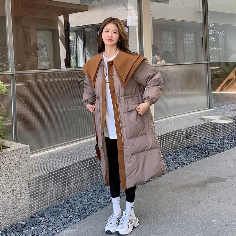 2022冬季新款拼色显瘦腰抽绳中长款羽绒服166-9913P260K418图片