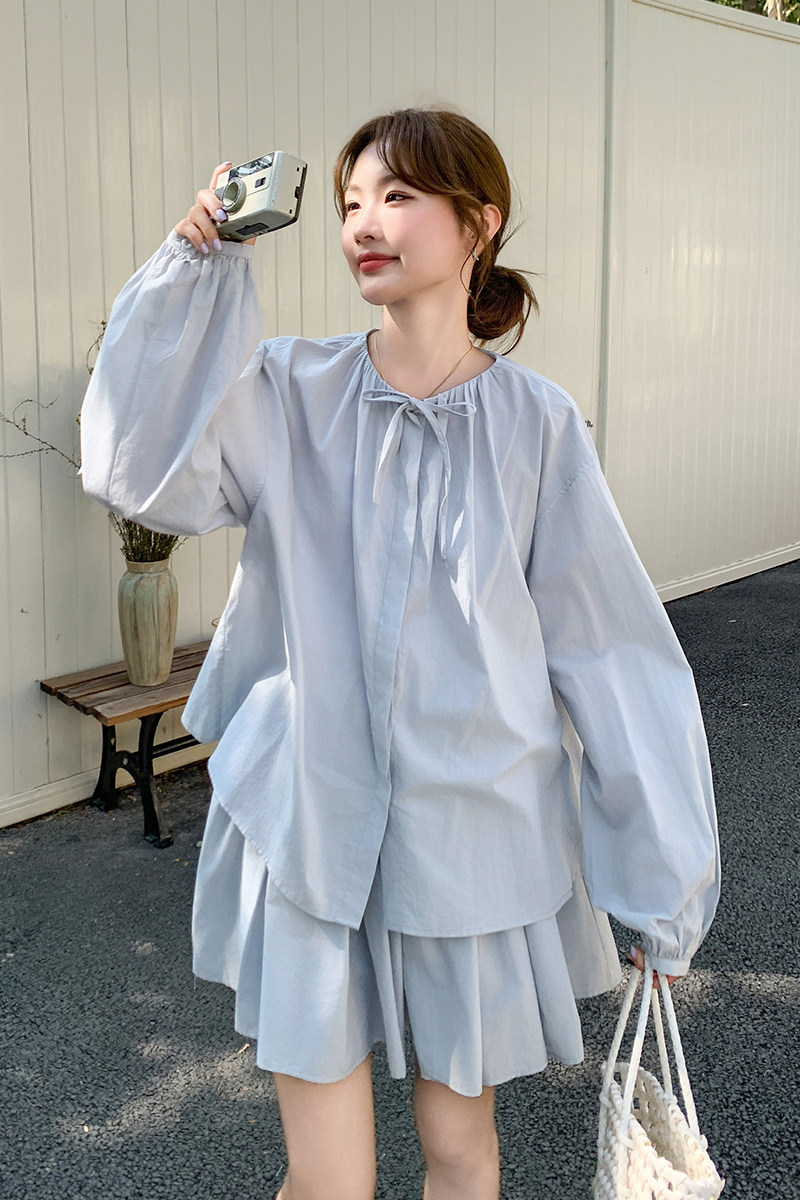淡蓝色法式复古温柔风套装裙女夏季2025新款减龄上衣半身裙两件套,女装套装/套裙,茜茜公主