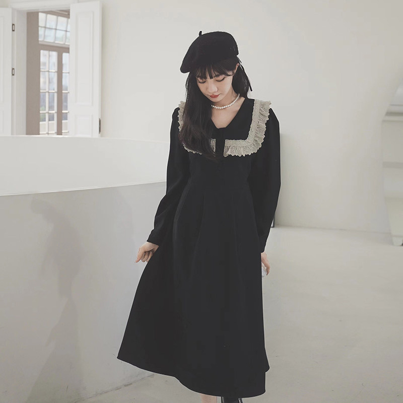 法式蕾丝拼接v领衬衫连衣裙女春装2025年秋冬新款收腰长款小黑裙,女装连衣裙,茜茜公主