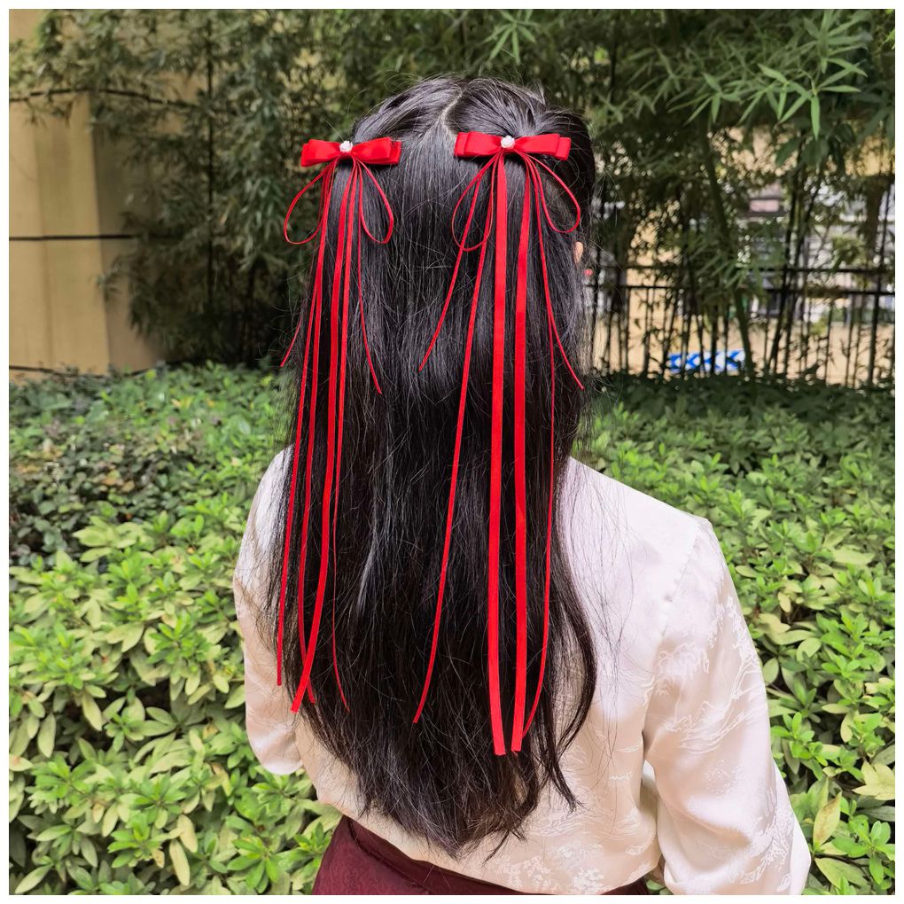中秋国庆节古风汉服大蝴蝶结发夹长丝带女发饰头饰中国风古装发带
