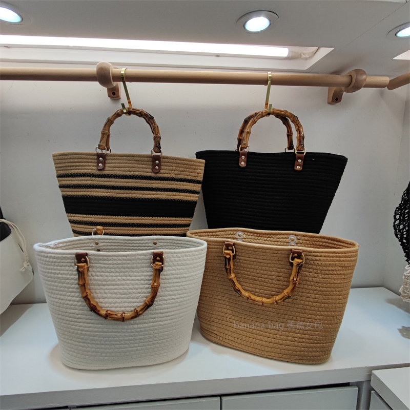 撞色韩版度假风今年流行编织拼接搭配时尚潮流竹节手拎女士包包