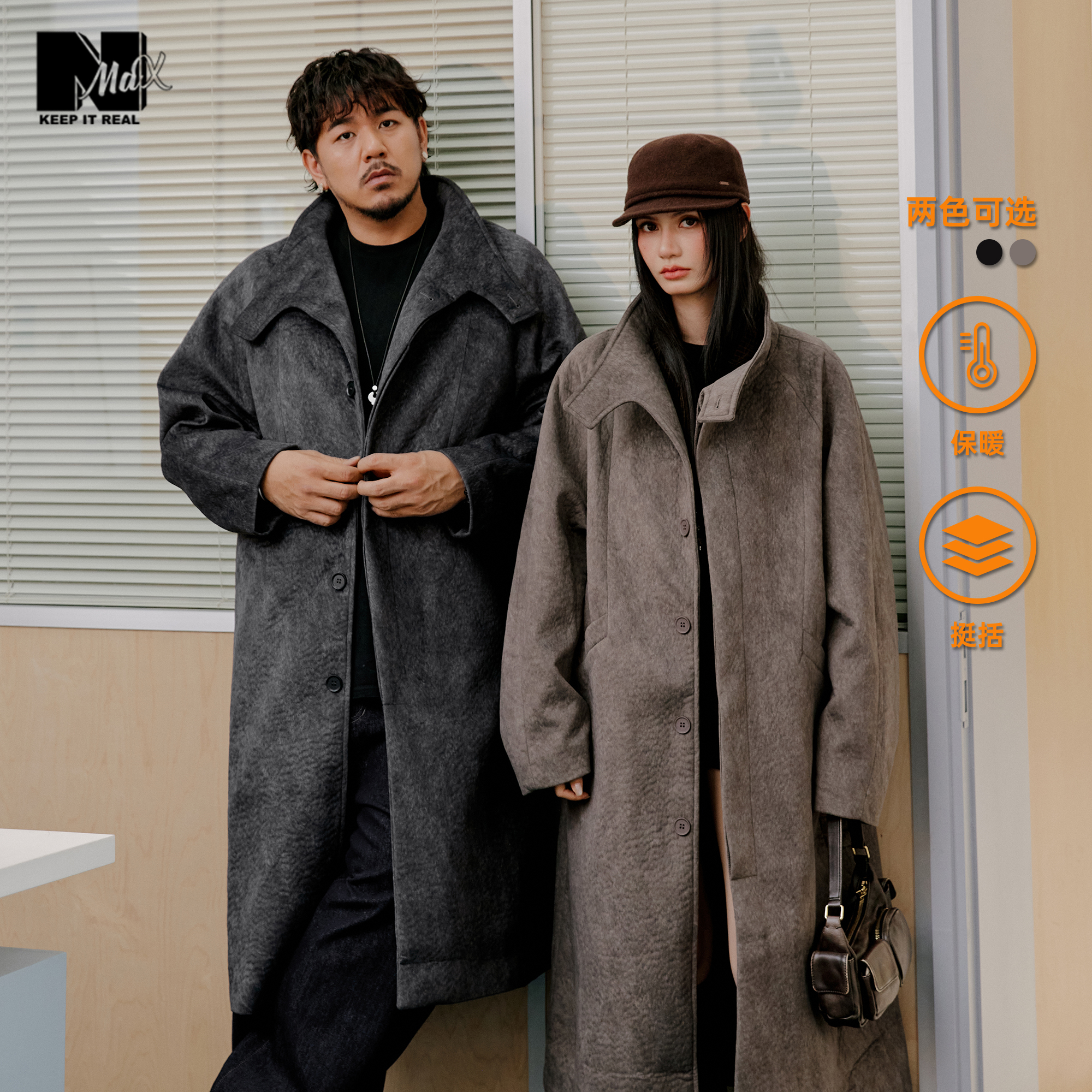 NMAX大码潮牌男装25年冬新款复古长款肌理宽松加厚保暖呢大衣外套