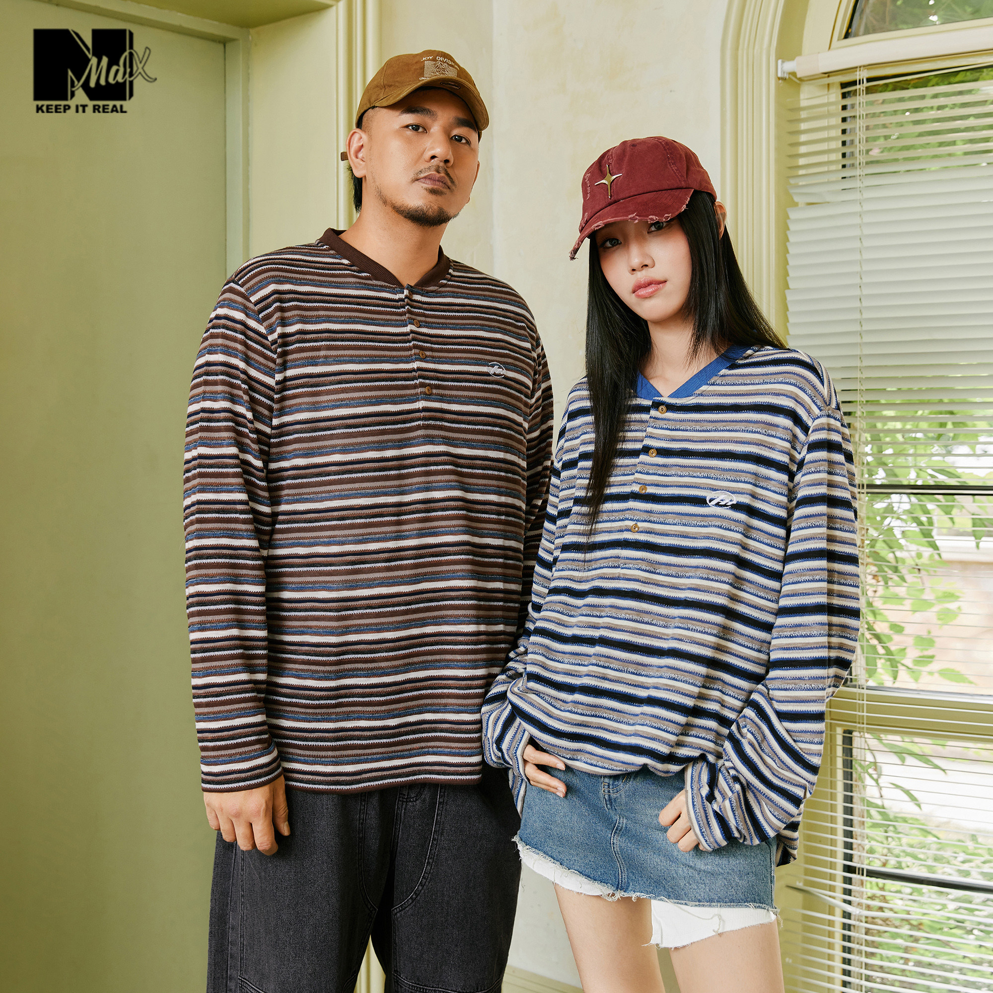 nmax复古条纹刺绣半门襟T恤